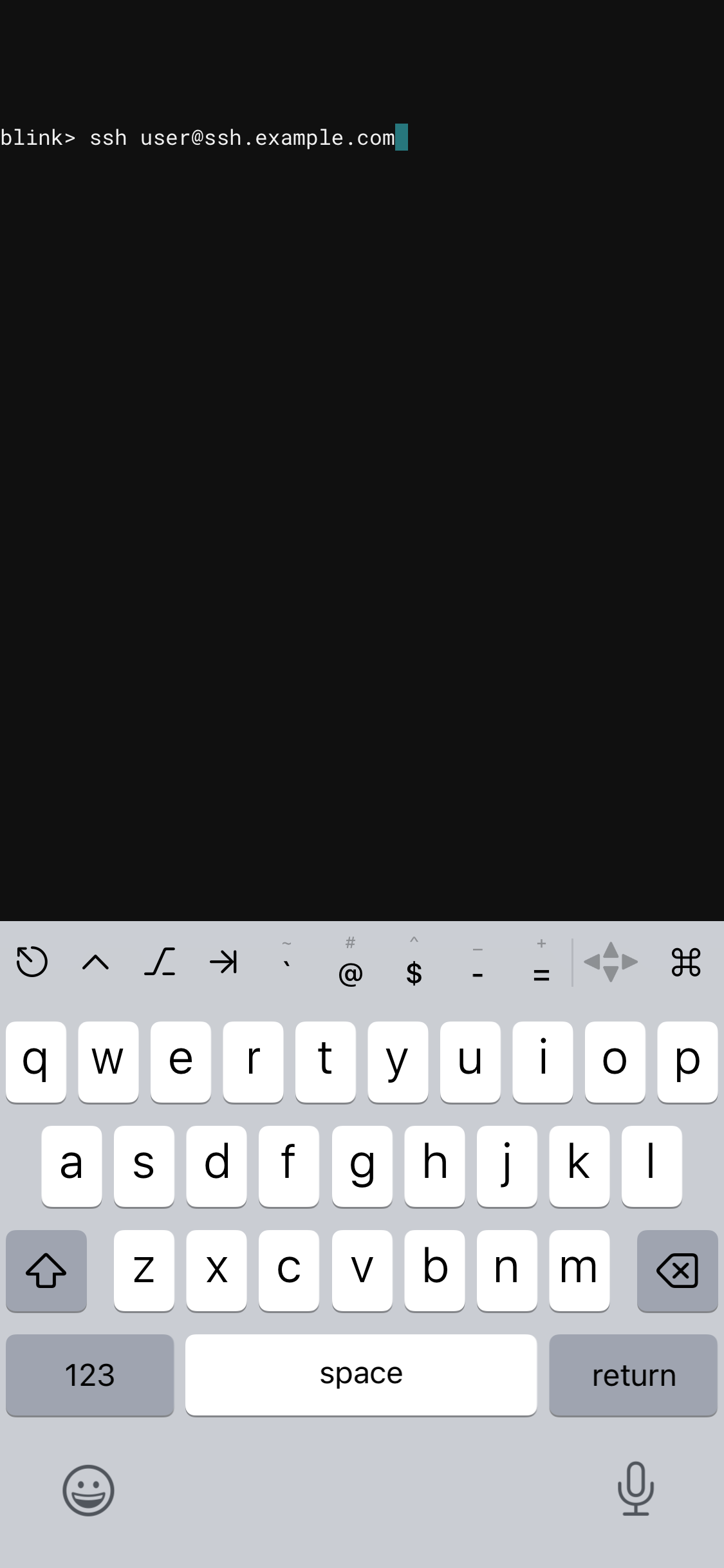 Screenshot of the Blink app on iOS with 'ssh user@ssh.example.com' typed into the command prompt, but not yet run.