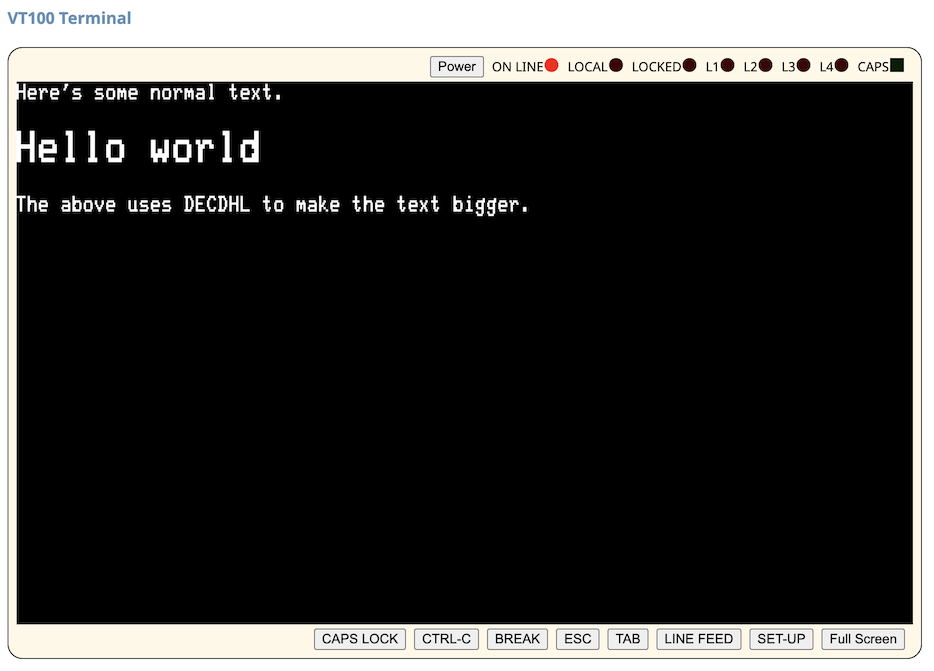 An emulated VT100 displaying text, including a larger 'Hello world'